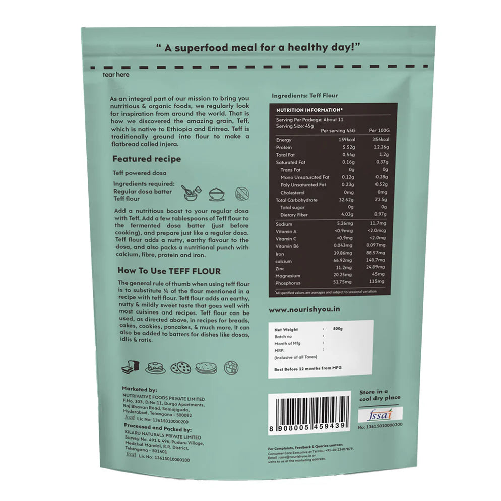 Teff Flour | Raw - Vegan, Gluten Free, High In Protein, Magnesium, Fibre & Iron - Nourish You - 500gm