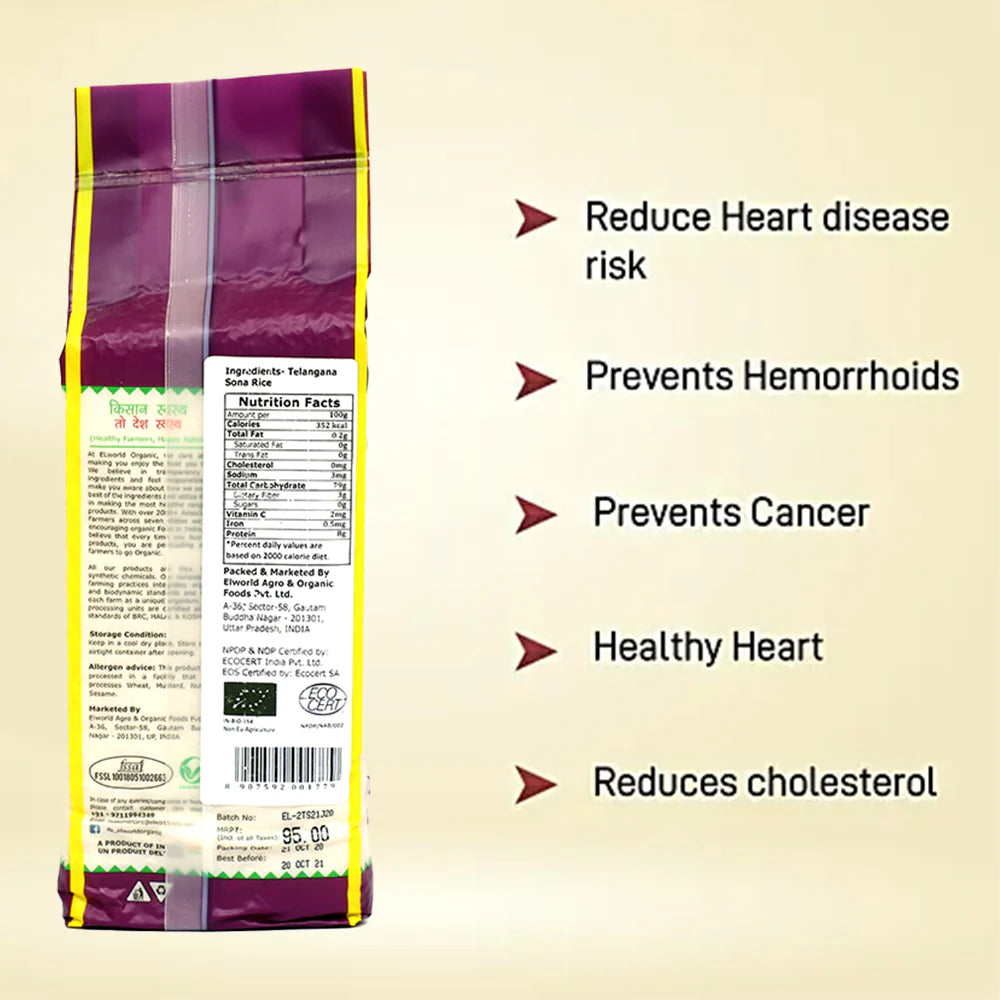 Rice | Telangana Sona Rice - High In Protein - Elworld Organic - 5000gm