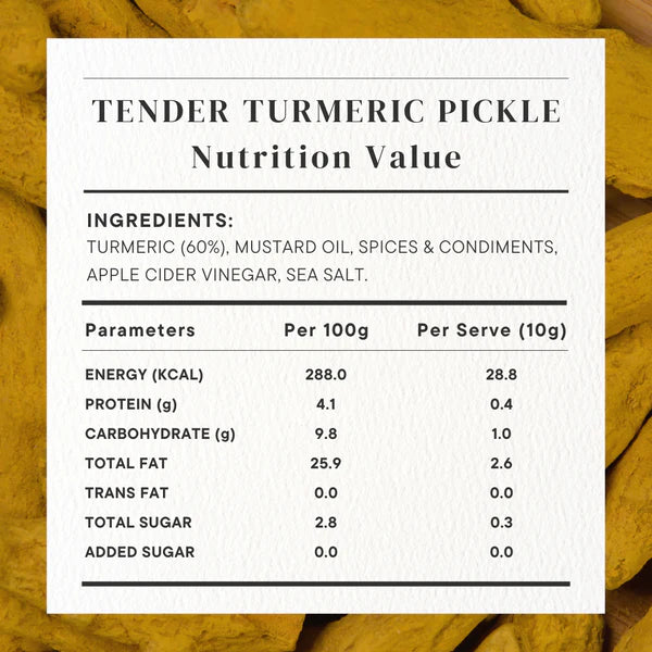 Pickle | Tender Turmeric Pickle (Home Made With Probiotic Goodness) – 100% Natural – Vegan, No Added Colour & No Added Preservatives – Golden Grass – 200gm