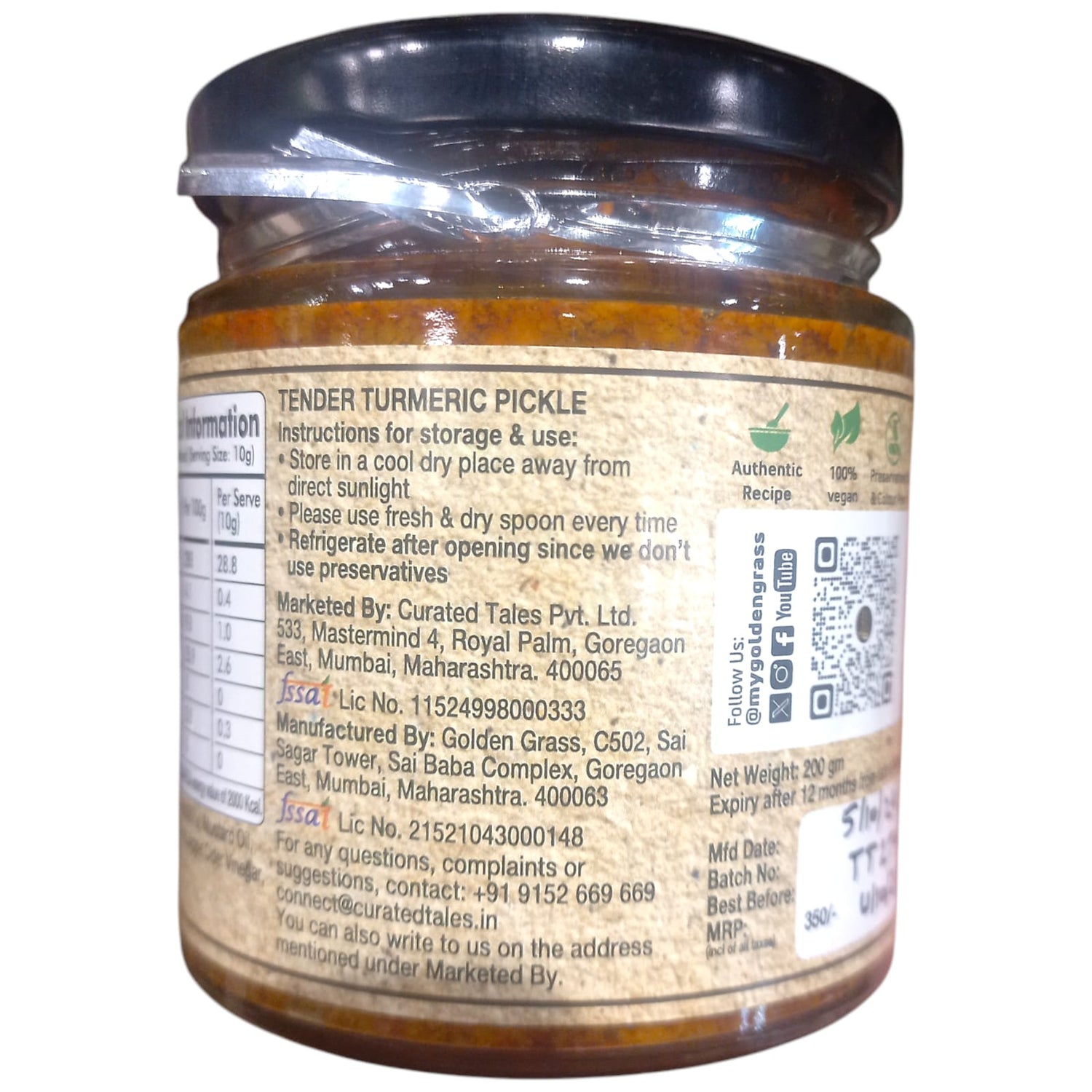 Pickle | Tender Turmeric Pickle (Home Made With Probiotic Goodness) – 100% Natural – Vegan, No Added Colour & No Added Preservatives – Golden Grass – 200gm