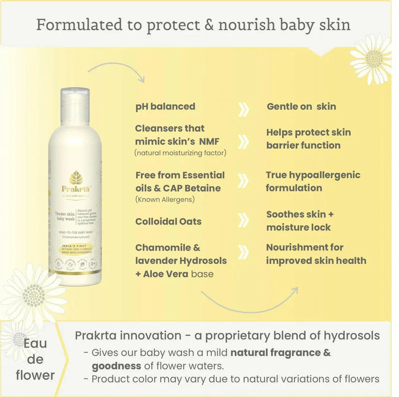 Wash |Tender Skin Baby Wash (Chamomile Hydrosol) -Head-to-toe Gentle & Natural Bodywash for Babies -Age 0+, tear-free- No Added Preservatives -Prakrta- 200ml