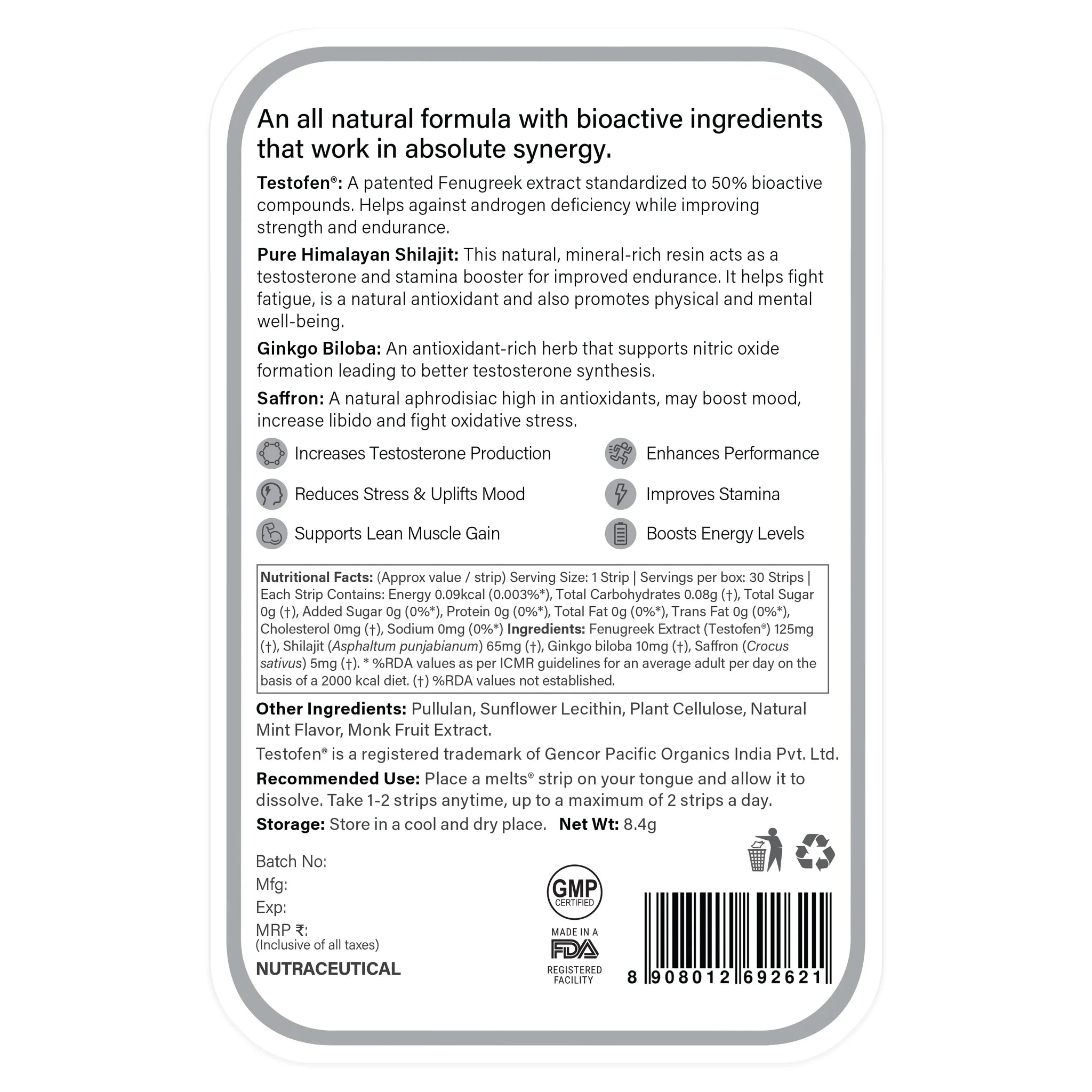 Testo Power - Melts - Cool Mint - (Testofen + Korean Ginseng) - Natural – Vegan, Gluten Free, & Zero Sugar – Wellbeing Nutrition – 30 Strips