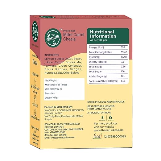 Cheela Mix | Millet Carrot Cheela - High In Protein And Fibre - Vegan, Gluten Free & No Added Preservatives - The Naturik Co - 250gm
