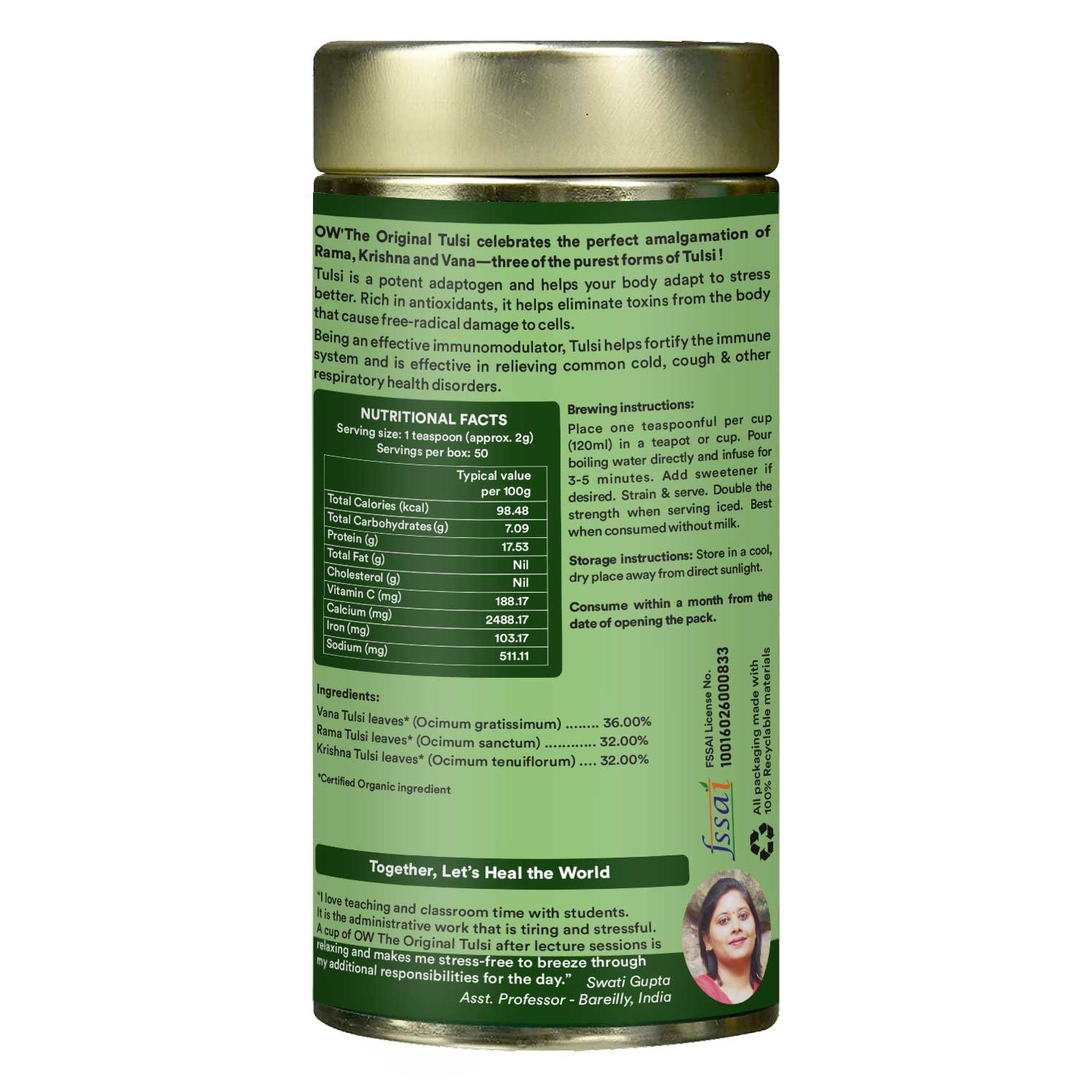 Tea | Organic Tulsi Tea - USDA Organic – Caffeine Free, Tin Pack - Organic Wellness – 100gm