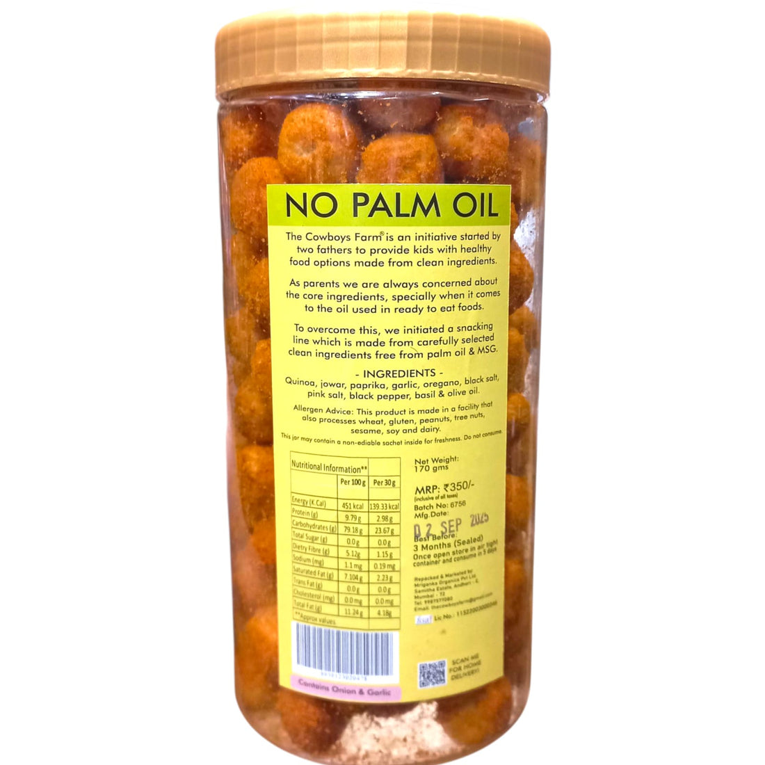 Quinoa Puffs | Chilly Garlic Quinoa Puffs - Gluten Free, Palm Oil Free & No Added Preservatives - The Cow Boys Farm - 170gm