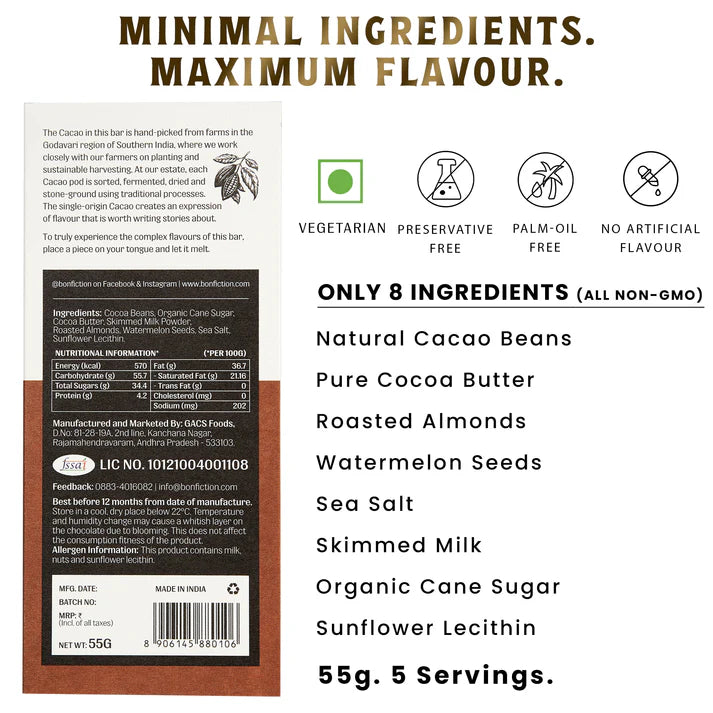 Milk Chocolate | The Roasted Almond Revival - 55% Dark Milk Roasted Almonds Chocolate - Tree To Bar - Single Origin – 100% Natural – Vegan, Gluten Free, Palm Oil Free, Non GMO, No Artificial Flavour & No Added Preservatives – Bon-Fiction – 55gm