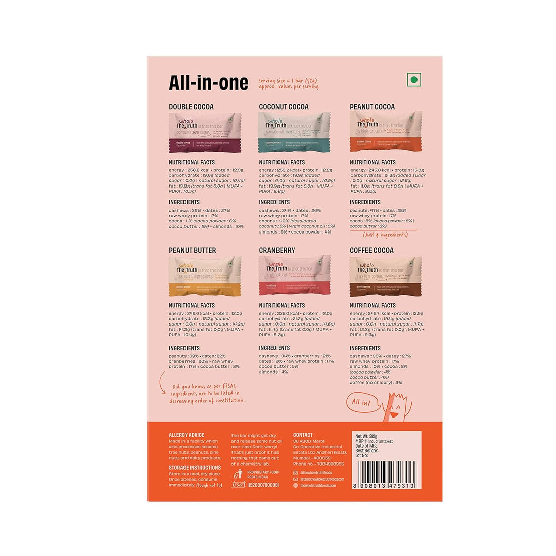 Protein Bars | Gluten Free, No Added Sugar, Preservatives, Flavours, Colours & No Artificial Sweetener - The Whole Truth - Box Of 52gm x 6