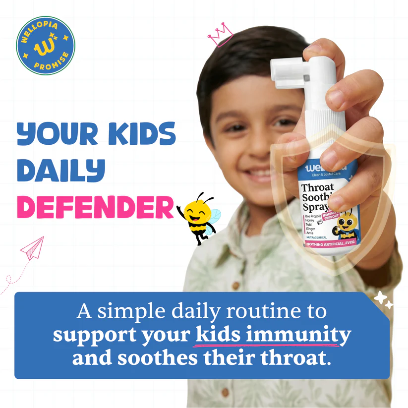 Throat Care Spray (Ages 2+)- Daily Immunity Support With (Bee Propolis, Honey, Tulsi, Ginger, Amla) - No Artificial Preservatives-No Refined Sugar - Natural Flavoured - Wellopia - 30ml