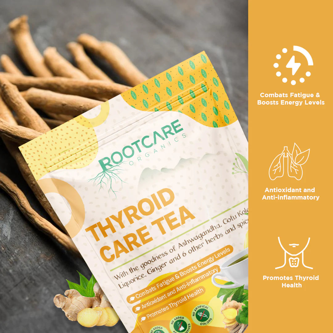 Tea | Thyroid Care Tea (With The Goodness Of Ashwagandha, Gotu Kola, Liquorice, Ginger And 6 Other Herbs And Spices) - Organic - No Added Sugar ,Preservatives, Non Gmo & No Artificial Colors – Root Care Organics – 100gm