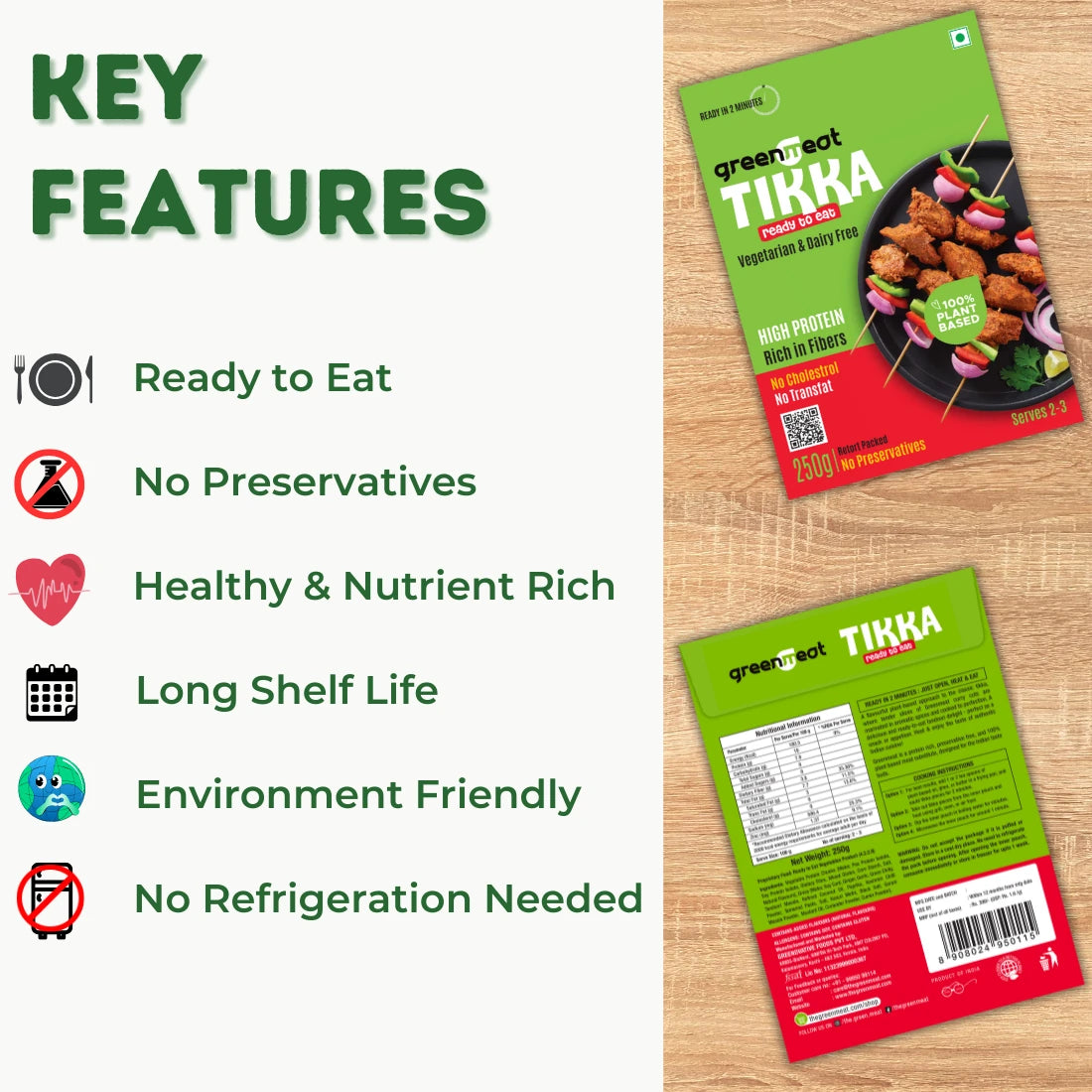 Tikka -100% Pant Based - Easy To Cook, Ready To Eat - Heigh Protein, Rich Fibers – Vegetarian & Dairy Free – No Added Preservatives, No Cholestrol, No Trans Fat –Greenmeat – (2-3 Serving) – 250gm