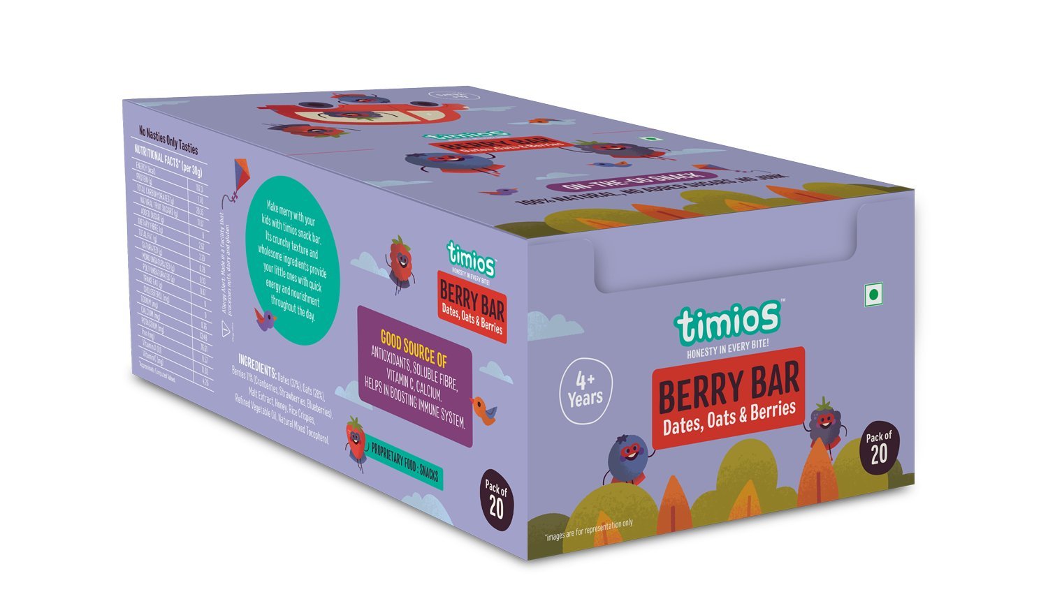 Berry Bar | (Dates, Oats & Berries) - Natural - No Added Sugar - Timios - Pack Of 20