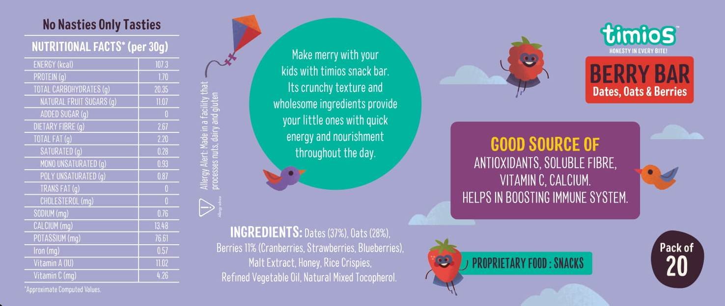 Berry Bar | (Dates, Oats & Berries) - Natural - No Added Sugar - Timios - Pack Of 20