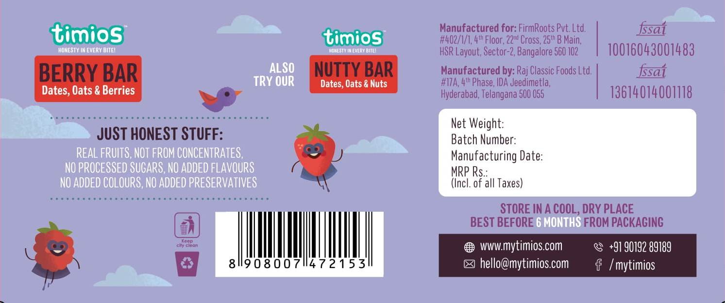 Berry Bar | (Dates, Oats & Berries) - Natural - No Added Sugar - Timios - Pack Of 20