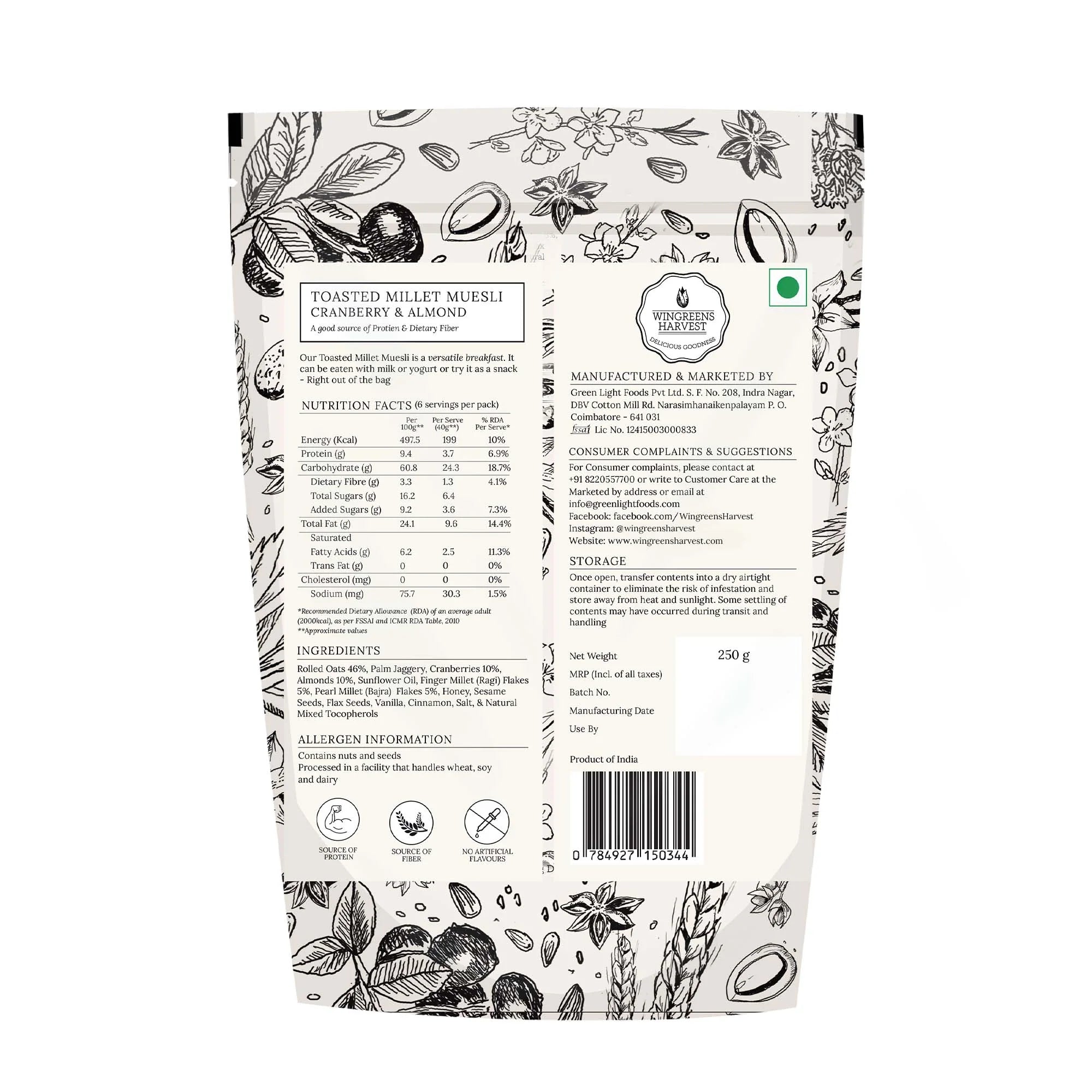 Toasted Millet Muesli – Cranberry & Almond – Gluten Free & No White Sugar - Wingreens Harvest – 250gm