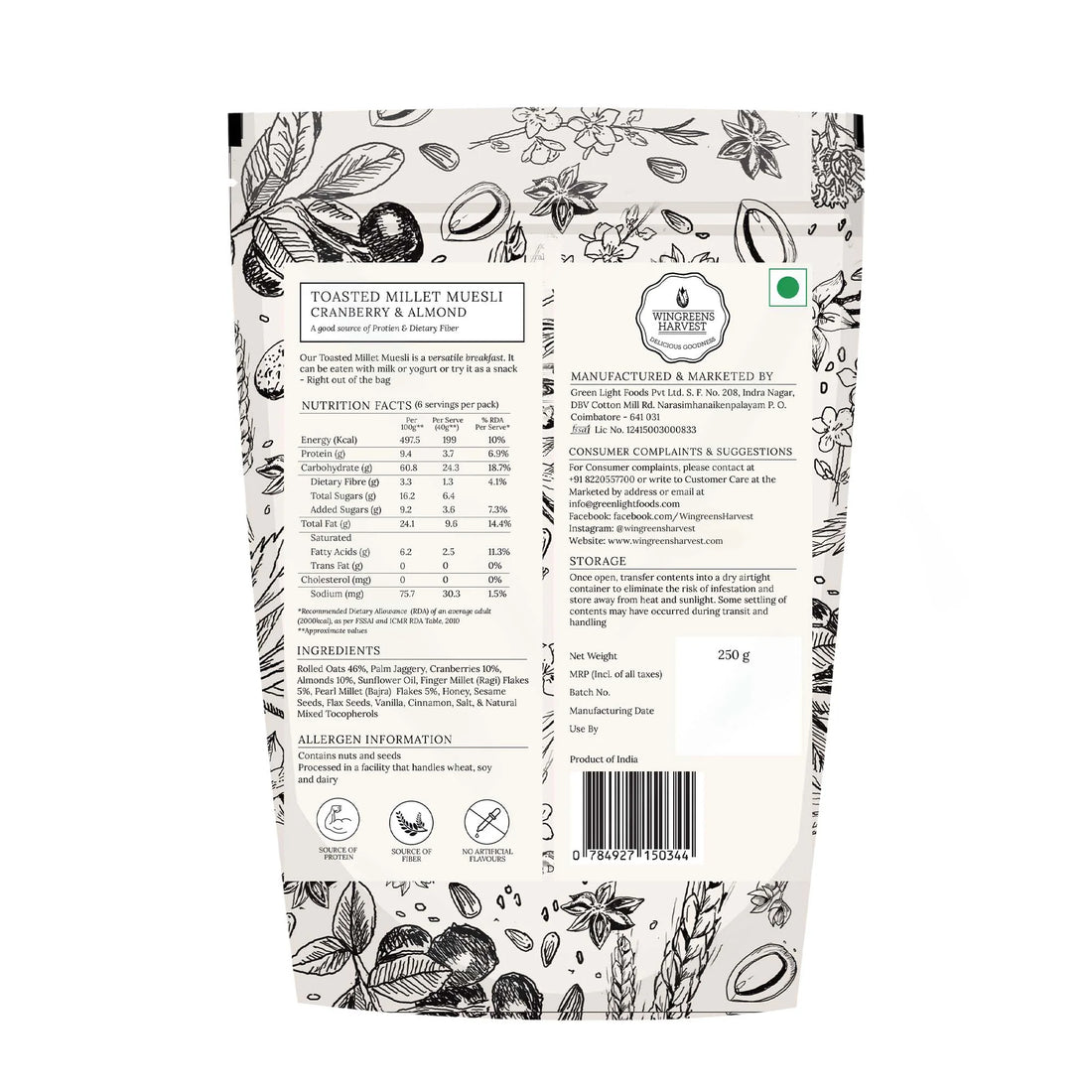 Toasted Millet Muesli – Cranberry & Almond – Gluten Free & No White Sugar - Wingreens Harvest – 250gm