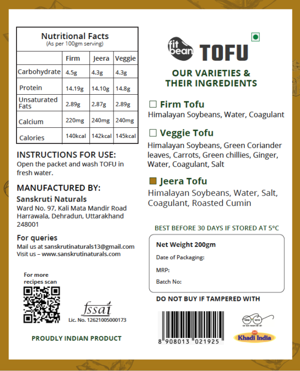 Tofu | Jeera - Cholesterol Free, High In Protein, Low Fat & Preservatives Free - Fit Bean - 200gm