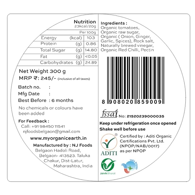 Tomato Ketchup | Organic - Chemical Free, No Artificial Colours & Preservatives - My Organic Earth - 300gm