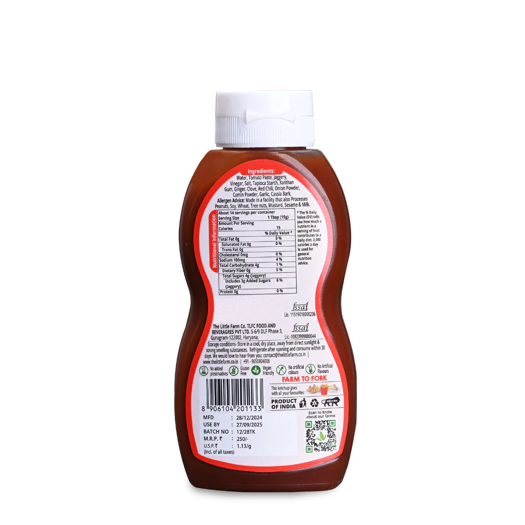 Ketchup | Tomato Ketchup (Made With Jaggery) – Vegan, Gluten Free, Dairy Free, No Added Preservatives, Artificial Colours & No Artificial Flavours Or No Processed Sugar – The Little Farm – 220gm