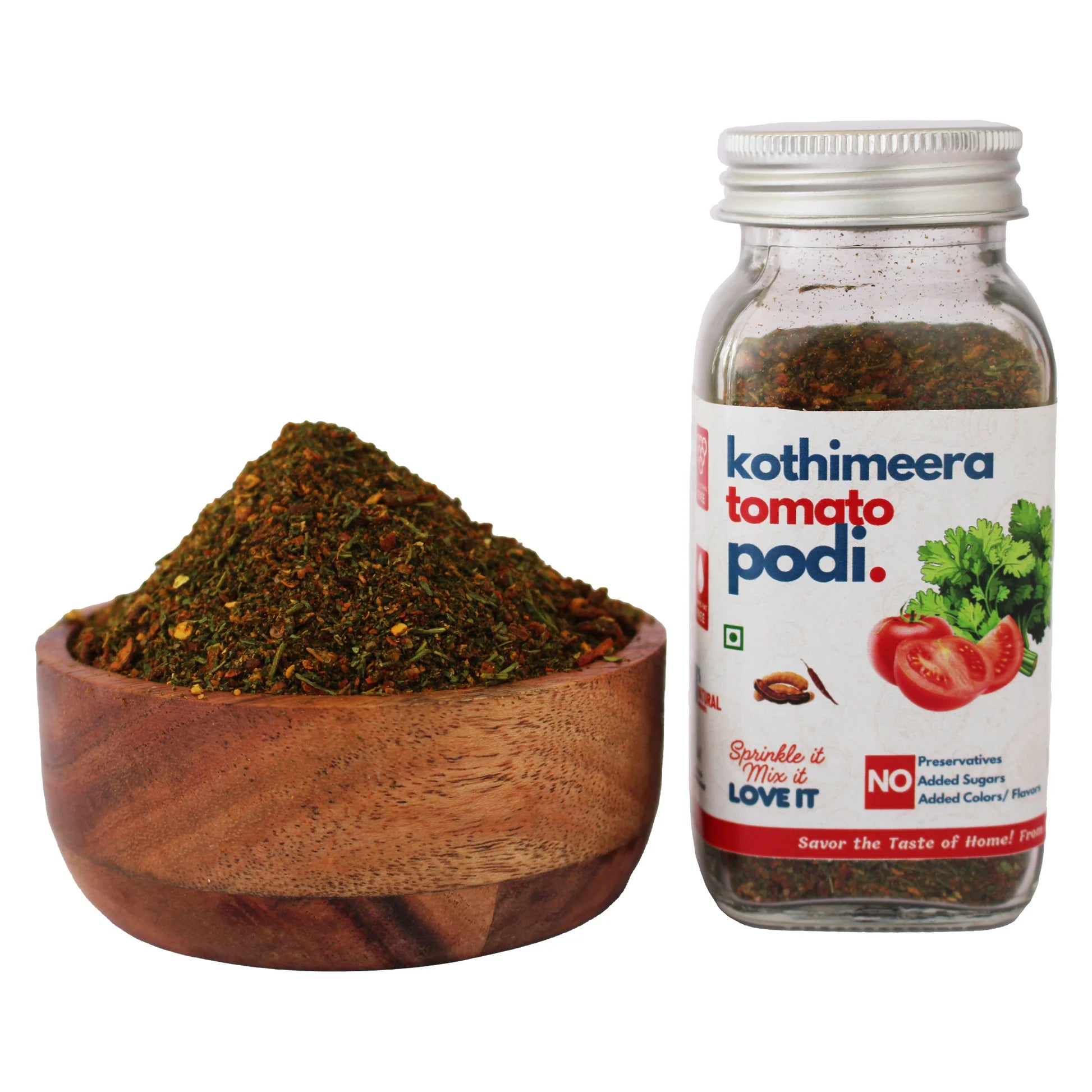 Seasoning | Kothimeera Tomato Podi- High Fibre , Protein - Spice Blends - No Added Flavours, Sugar, Colour & Preservatives Free - Kitchen Koundinyasa - 75 gm