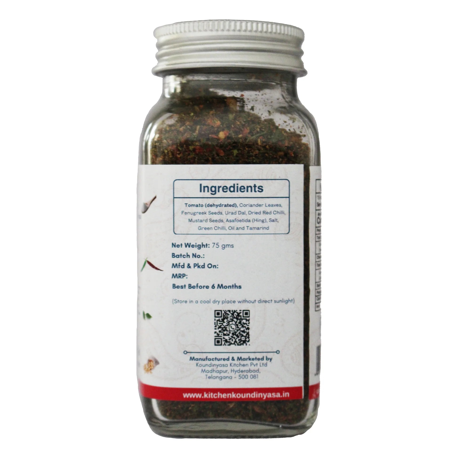 Seasoning | Kothimeera Tomato Podi- High Fibre , Protein - Spice Blends - No Added Flavours, Sugar, Colour & Preservatives Free - Kitchen Koundinyasa - 75 gm