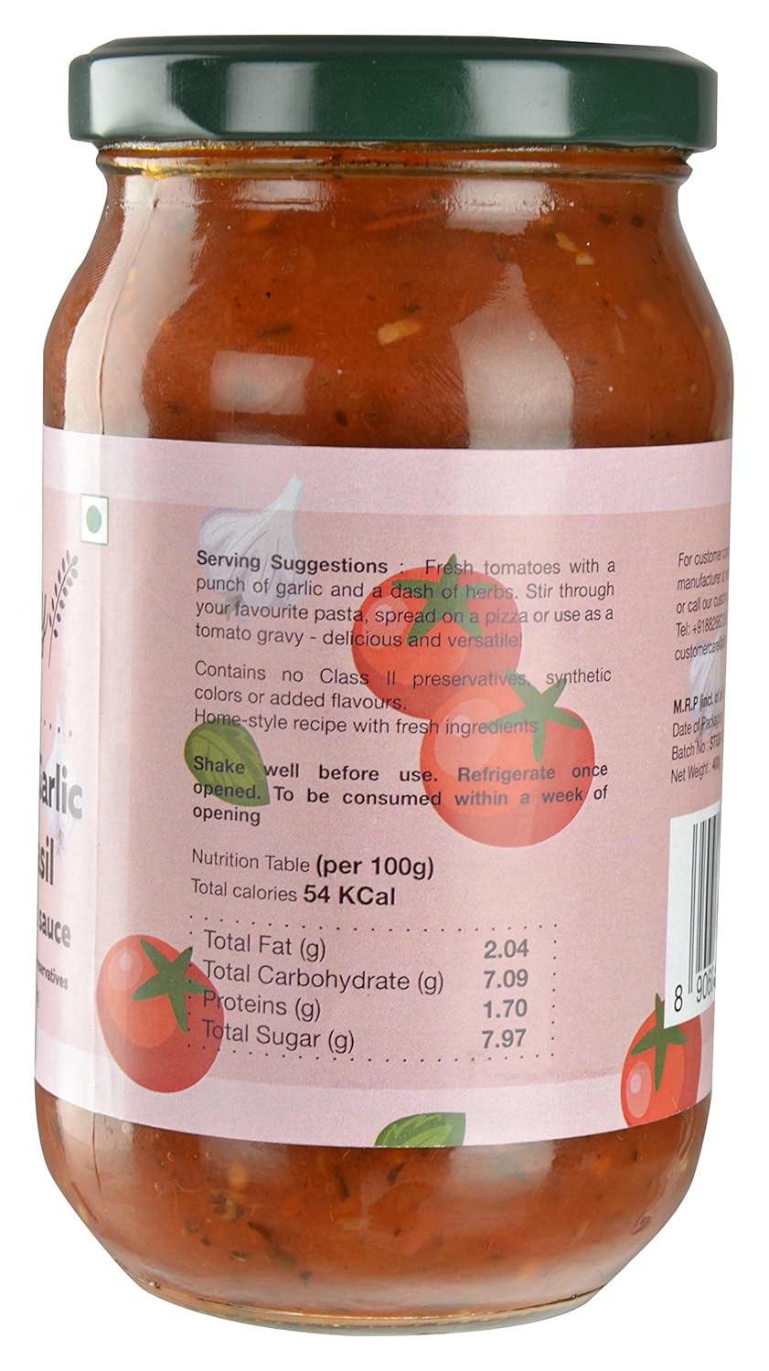 Pizza & Pasta Sauce | Tomato, Garlic & Basil Sauce - Natural - Homemade - No Added Preservatives - Naturity - 400gm