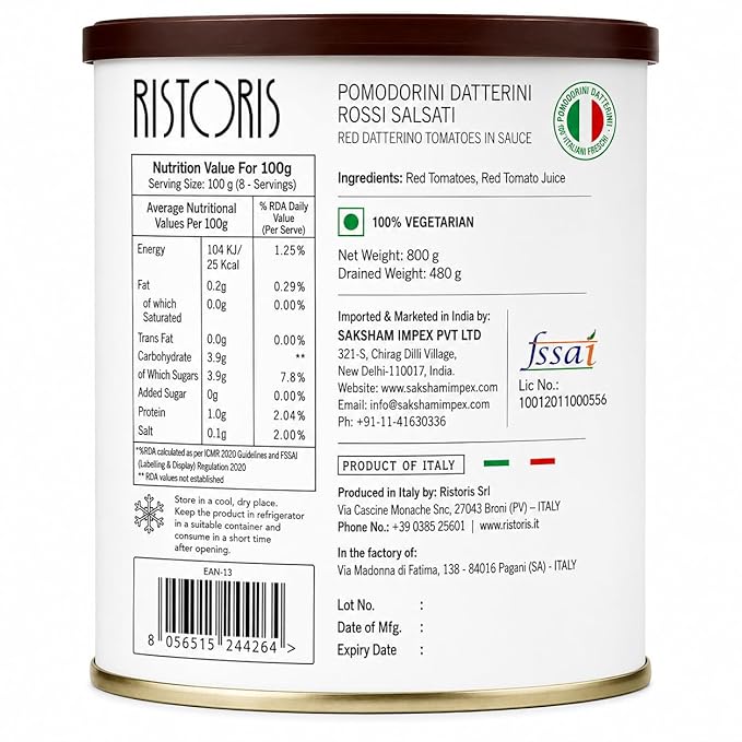 Tomatoes Sauce | Red Whole Italian Datterino Tomatoes in Tomato Sauce- Vegan, Gluten Free - Naturally Sweet Gourmet Cherry Tomatoes in Rich Tomato Juice - No Flavor & No Added Preservatives - Ristoris- 800gm