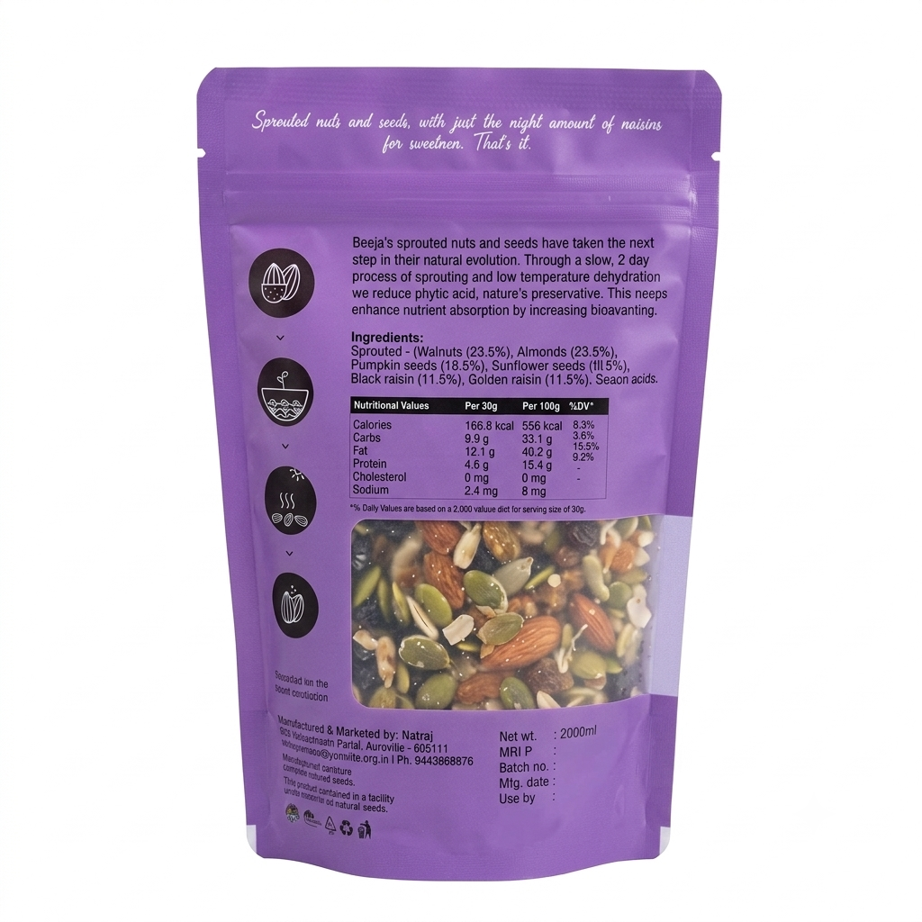 Trail Mix | (Sprouted: Almonds, Walnuts, Pumpkin & Sunflower Seeds) - Raw - Natural - Vegan - Beeja - 200gm