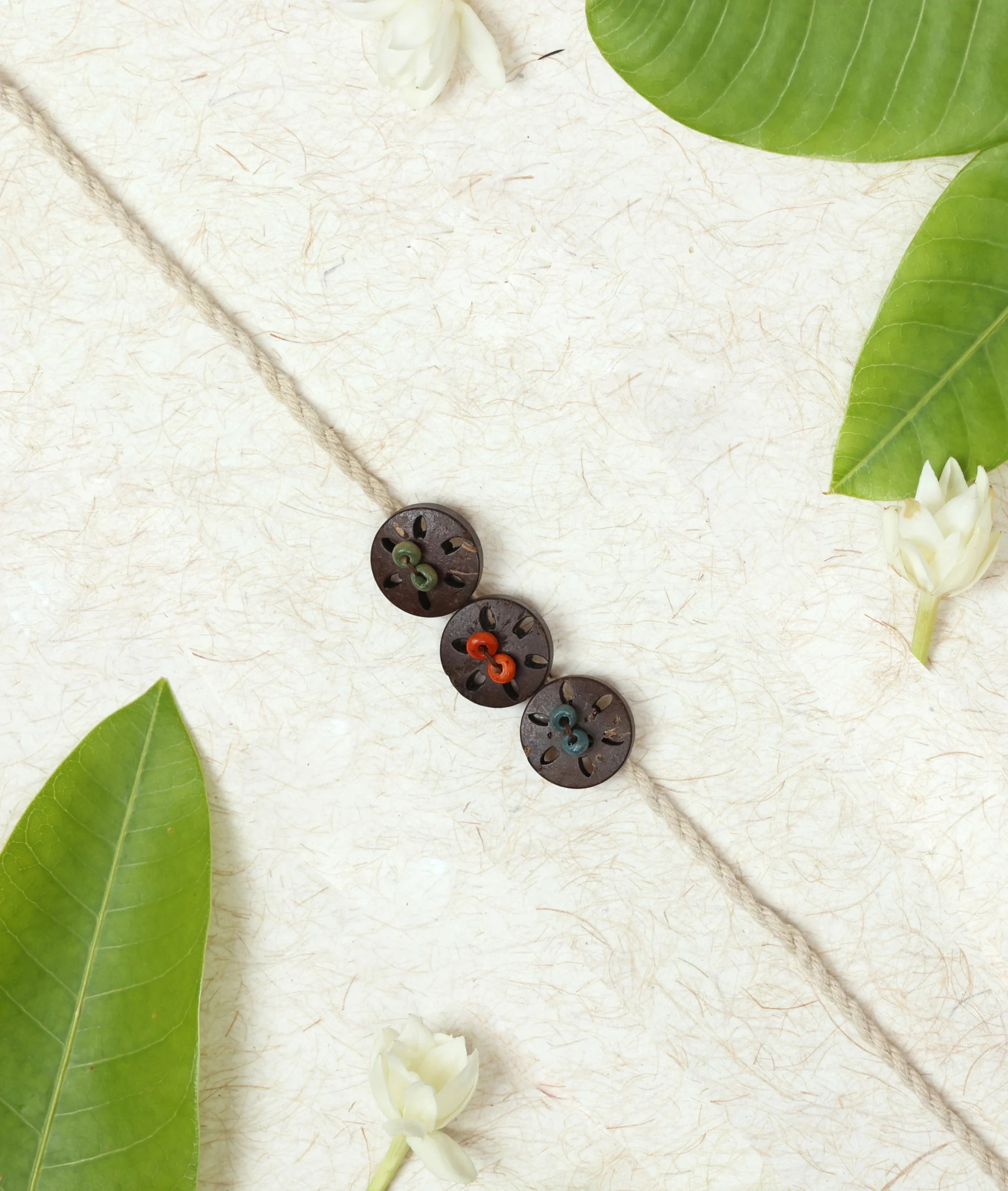 Rakhi | Tridosha Rakhi (Made From Cotton, Jute, Wooden beads & With Pressed Flower Petals) – Handcrafted – Eco Friendly – Nature’s Soul - Single Piece