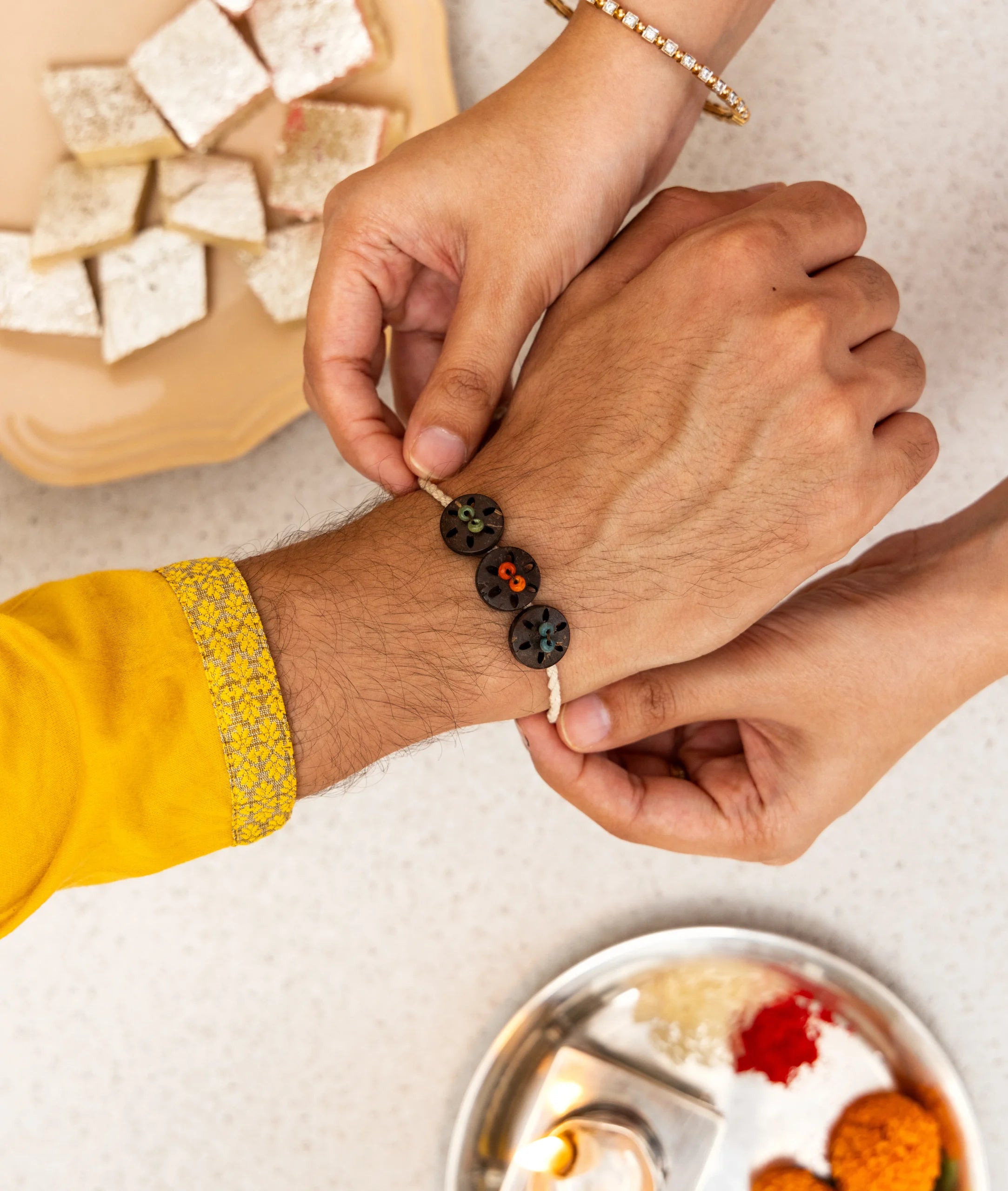 Rakhi | Tridosha Rakhi (Made From Cotton, Jute, Wooden beads & With Pressed Flower Petals) – Handcrafted – Eco Friendly – Nature’s Soul - Single Piece