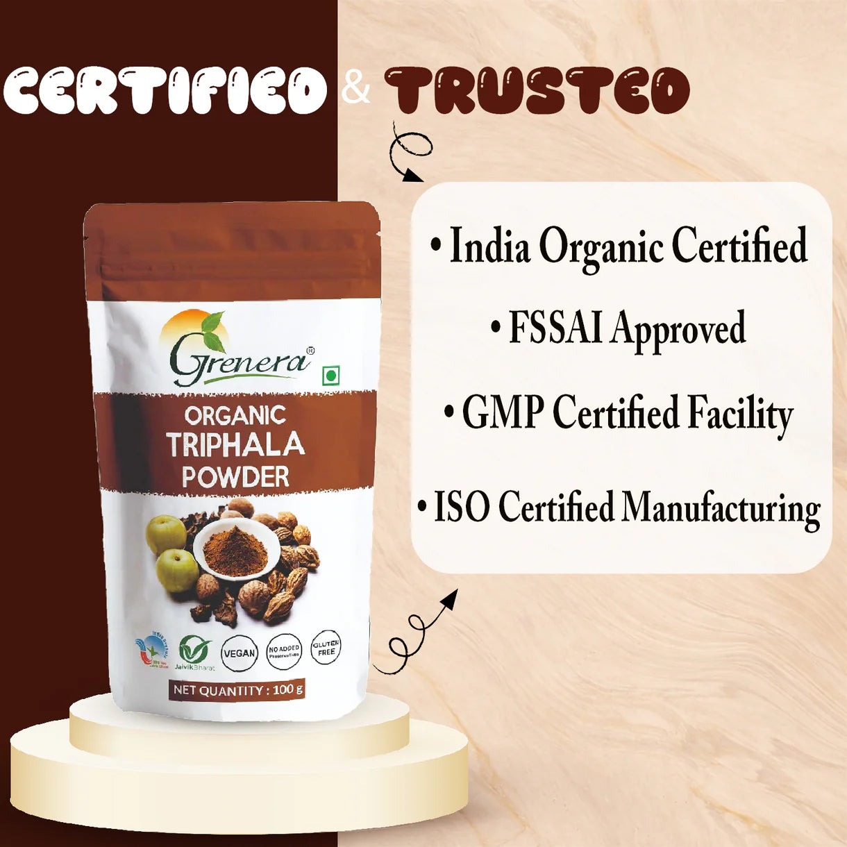 Triphala Powder (Boosts Immunity & Overall Well-being) -Vegan, Gluten Free -No Additives, Preservatives, or Artificial Colours – Grenera – 100gm