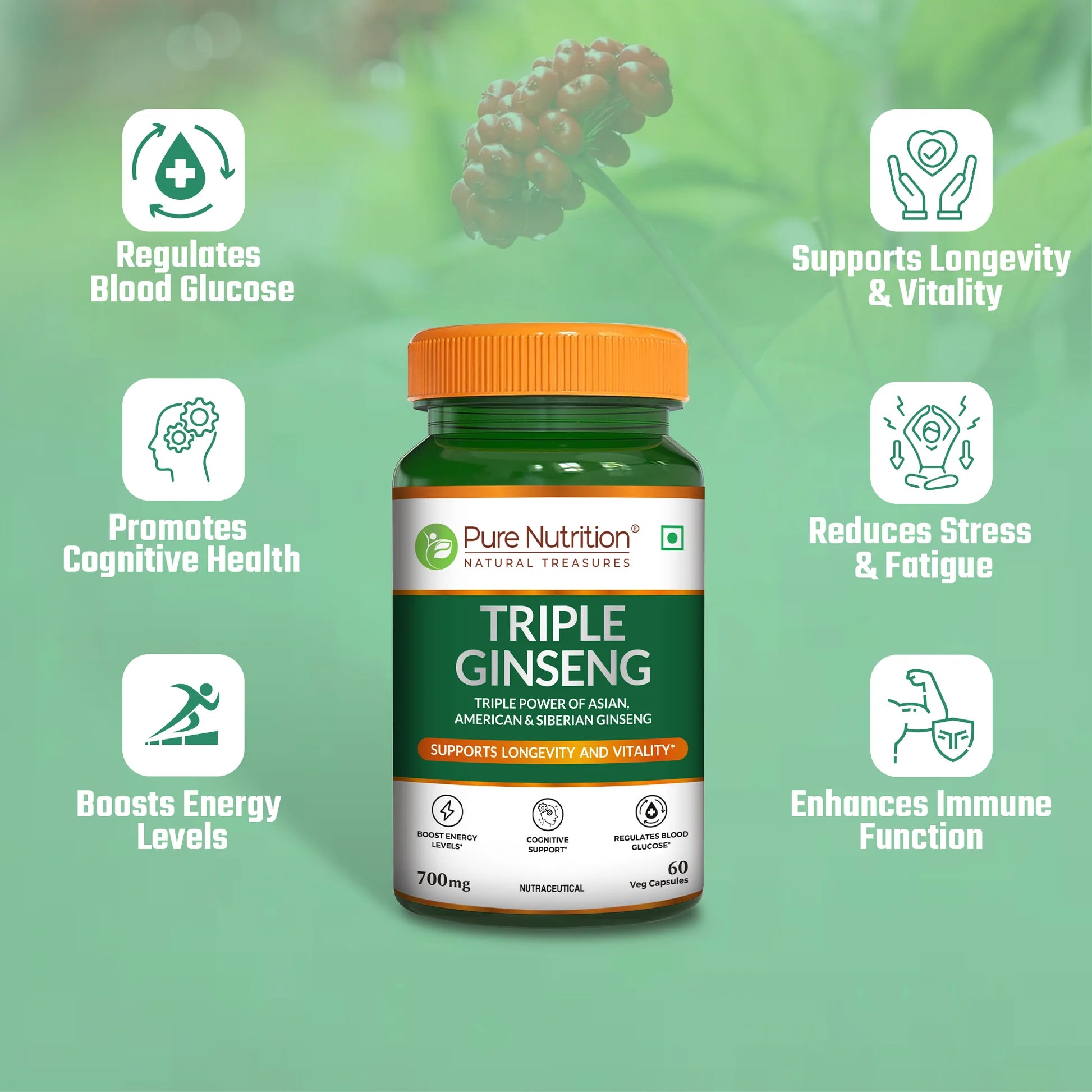 Triple Ginseng-Supports Longevity & Vitality 700mg (Triple Power of Asian, American & Siberian Ginseng) -Cognitive Supports, Support Blood Glucose, Boost Energy Levels - Pure Nutrition - 60 Veg Capsules