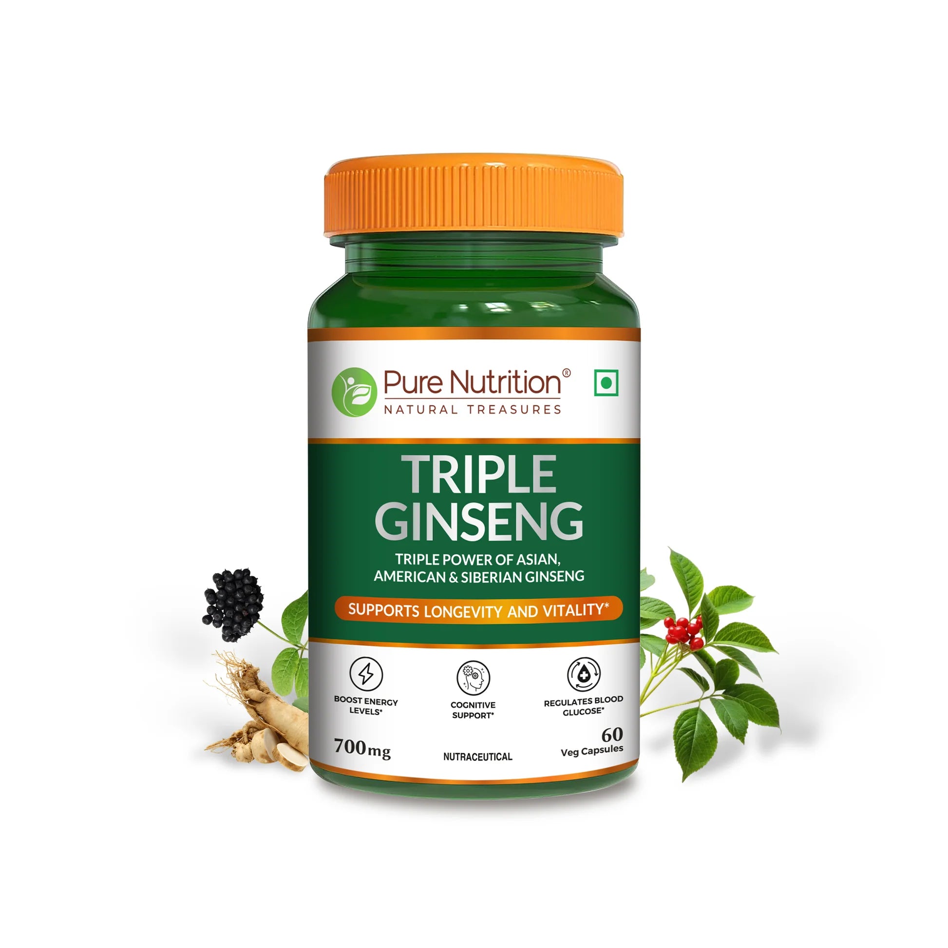 Triple Ginseng-Supports Longevity & Vitality 700mg (Triple Power of Asian, American & Siberian Ginseng) -Cognitive Supports, Support Blood Glucose, Boost Energy Levels - Pure Nutrition - 60 Veg Capsules