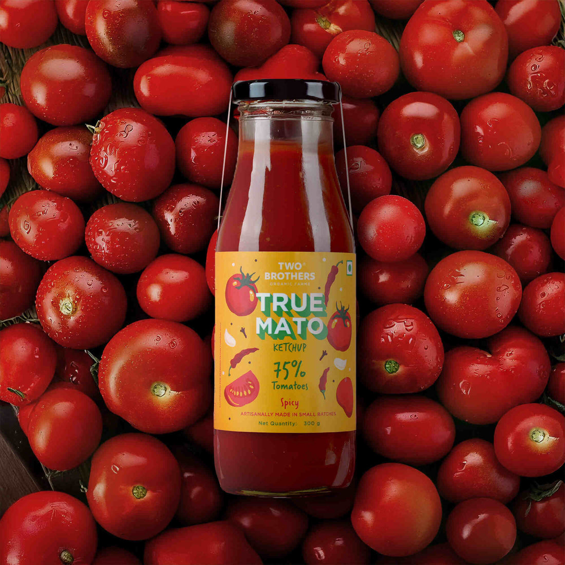 Ketchup | Tomato Ketchup (Truemato) - 75% Tomatoes - Spicy - No Refined Sugar, No Artificial Preservatives, No Sodium Benzoate, No Added Food Colors, No Stabilizers & No Thickeners - Two Brothers - 300gm