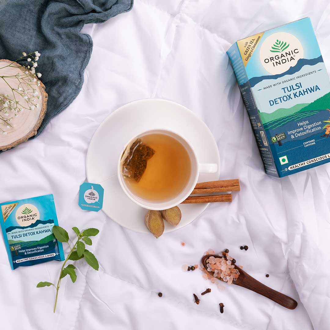 Tea | Tusli Detox Kahwa (With Green Tea Ginger & Cinnamon) - Oragnic - Help Improve Digestion & Detoxification - Organic India - 25 Infusion Bag