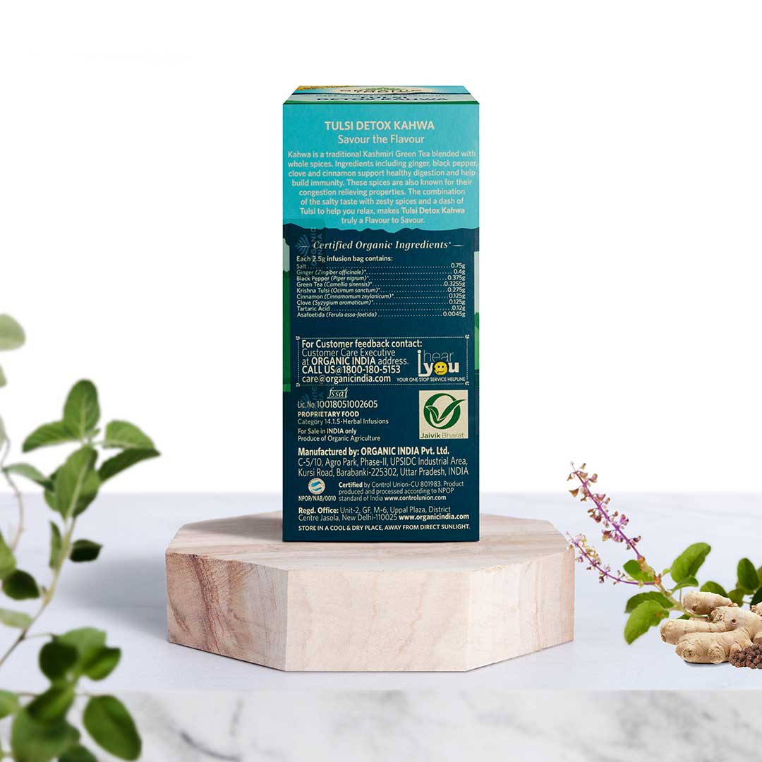 Tea | Tusli Detox Kahwa (With Green Tea Ginger & Cinnamon) - Oragnic - Help Improve Digestion & Detoxification - Organic India - 25 Infusion Bag