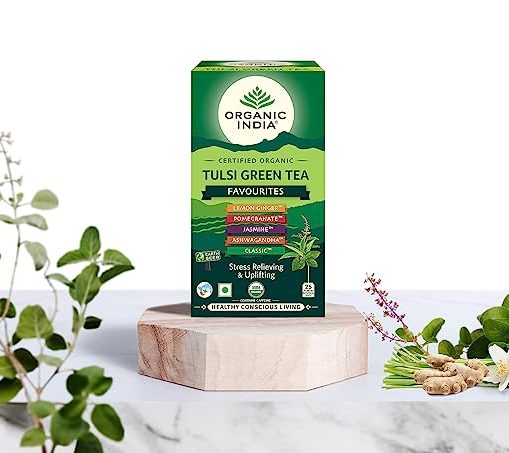 Tulsi Green Tea | (Favourites) - Lemon Ginger - Pomegranate - Jasmine - Ashwagandha - Classic - Stress Relieving & Uplifting - USDA Organic - Organic India - 25 Tea Bag