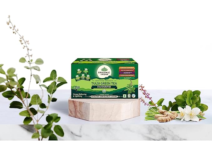 Tulsi Green Tea | (Favourites) - Lemon Ginger - Pomegranate - Jasmine - Ashwagandha - Classic - Stress Relieving & Uplifting - USDA Organic - Organic India - 25 Tea Bag