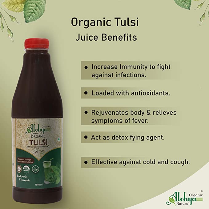 Tulsi Juice | (Ocimum Tenuiflorum) - USDA Organic - No Added Sugar, Color, Vitamins & Minerals - Alohya Organic - 500ml