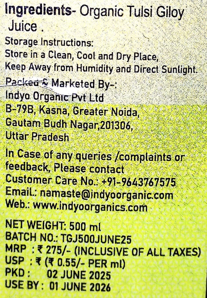 Juice | Tulsi Giloy Juice - USDA Organic - No Added Flavours, Colours & No Added Preservatives - Indyo Organic - 500ml