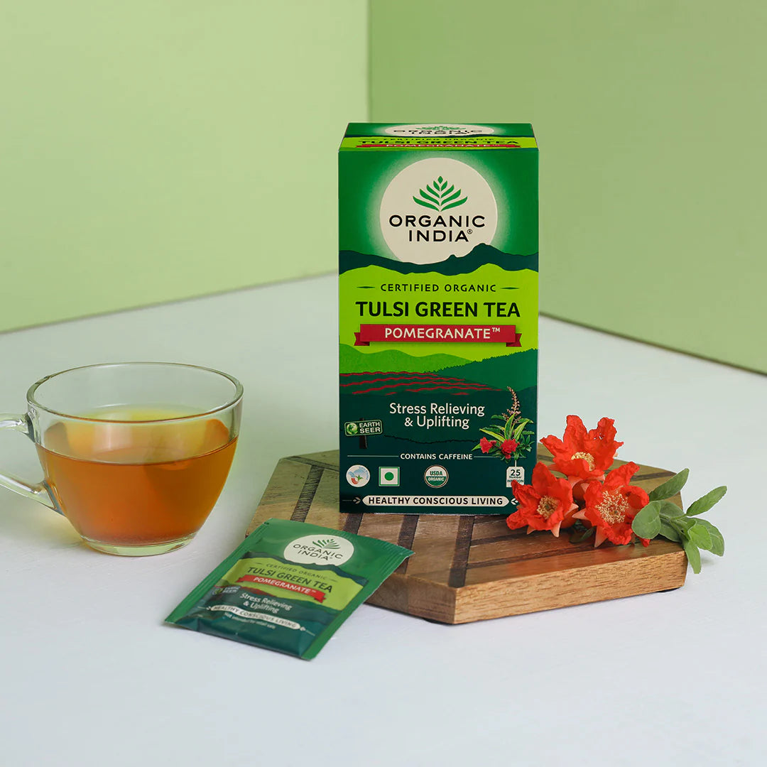 Tea | Tulsi Green Tea (Pomegranate) – Stress Relieving & Uplifting – USDA Organic – Organic India – 25Tea Bags