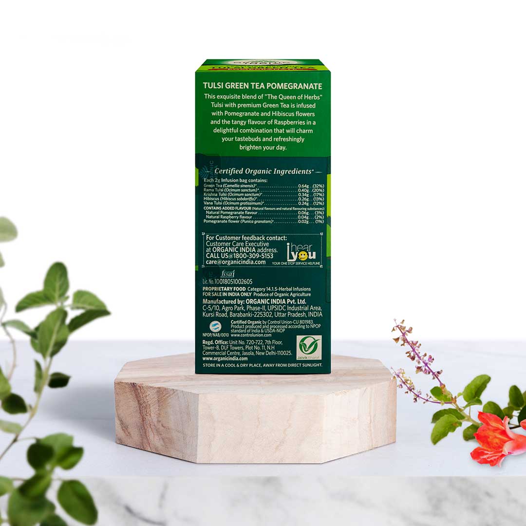 Tea | Tulsi Green Tea (Pomegranate) – Stress Relieving & Uplifting – USDA Organic – Organic India – 25Tea Bags