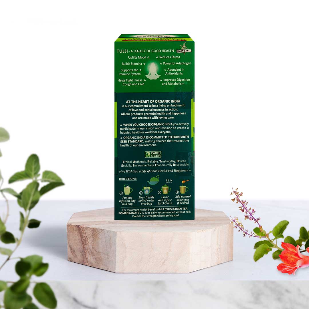 Tea | Tulsi Green Tea (Pomegranate) – Stress Relieving & Uplifting – USDA Organic – Organic India – 25Tea Bags