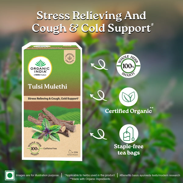Tulsi Mulethi Tea - Stress Relieving & Cough, Cold Support - Caffeine Free - Organic India - 25 Tea Bags