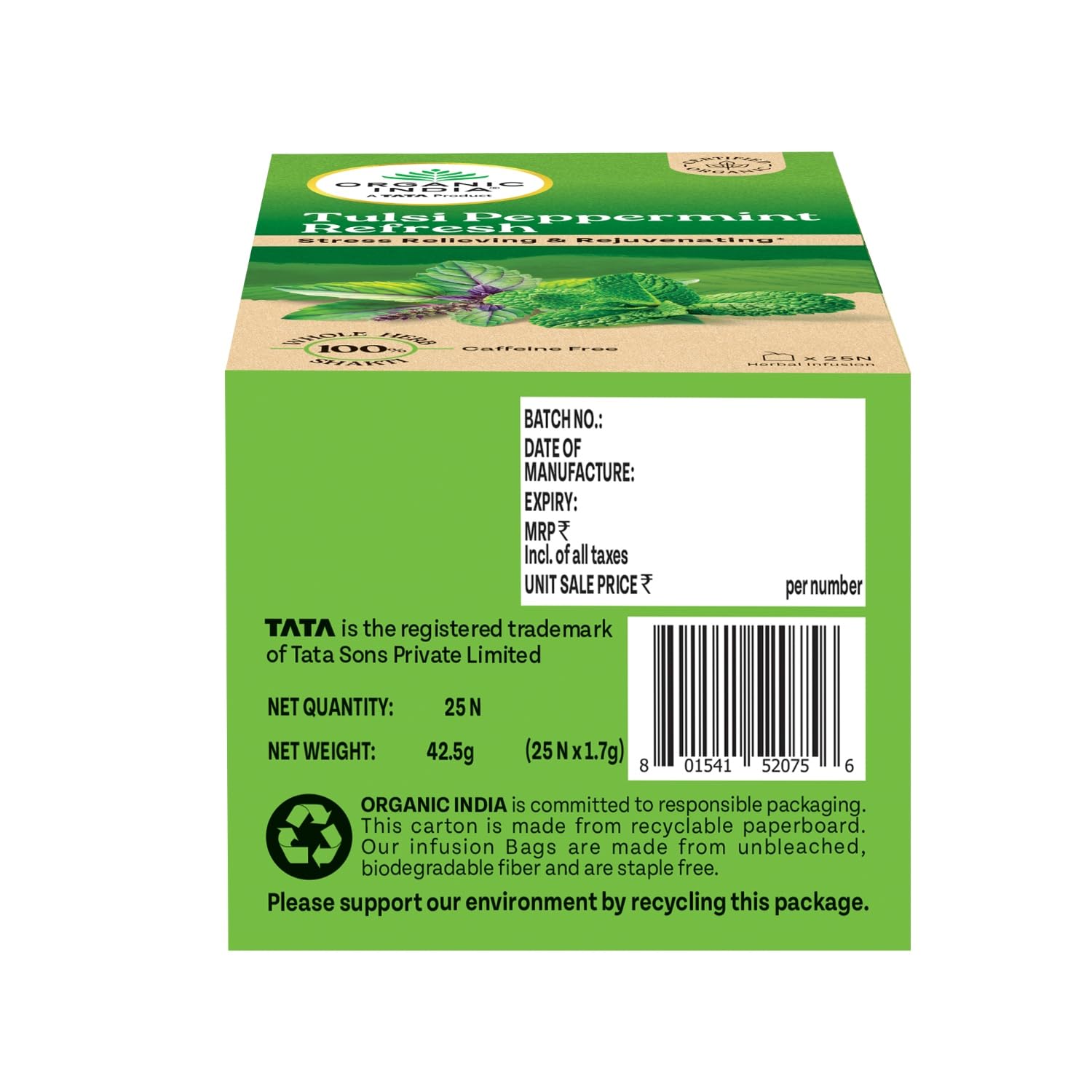 Tea | Tulsi Peppermint Refresh Tea – Stress Relieving Rejuvenating - Certified Organic - India - Caffeine Free - Organic India - 25 Tea Bags