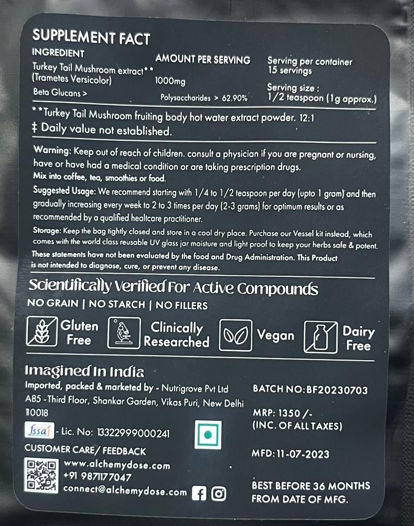 Mushroom Powder | Turkey Tail - Cognitive Function - Gut Support - Immune Support - Vegan, Gluten Free, Cholesterol Free, Soy Free, Peanut Free & Dairy Free – Alchemy Dose – (15 Serving) – 15gm