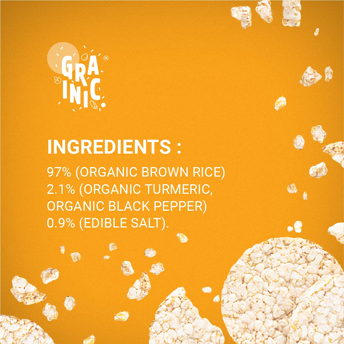 Turmeric & Black Pepper Rice Cakes - Lightly Salted - Vegan, Gluten Free, No Added Sugar & High Fiber - Grainic - 135gm