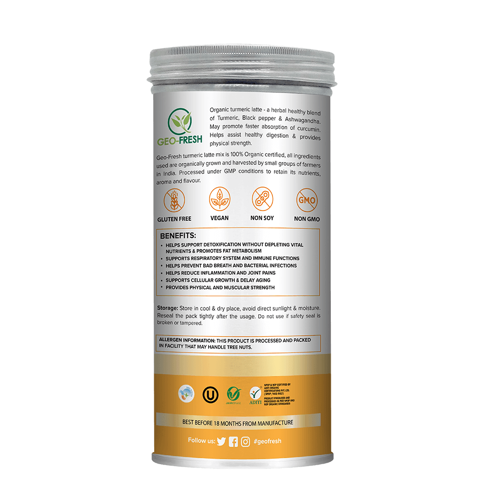 Turmeric Latte Golden Milk - Vanilla & Ashwagandha - Vegan & Gluten Free - Geo Fresh - 200gm
