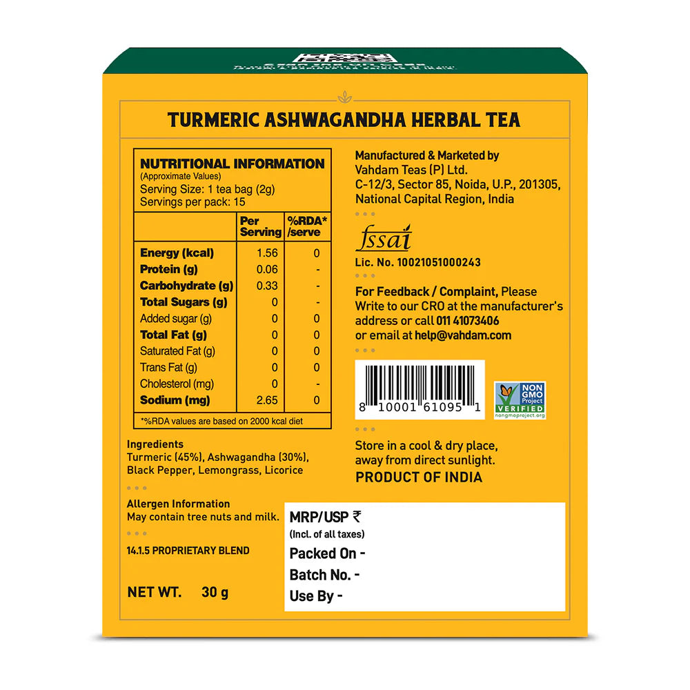 Tea | Turmeric Ashwagandha Herbal Tea Tisane - Caffeine Free - USDA Organic - Vahdam - 15 Tea Bags