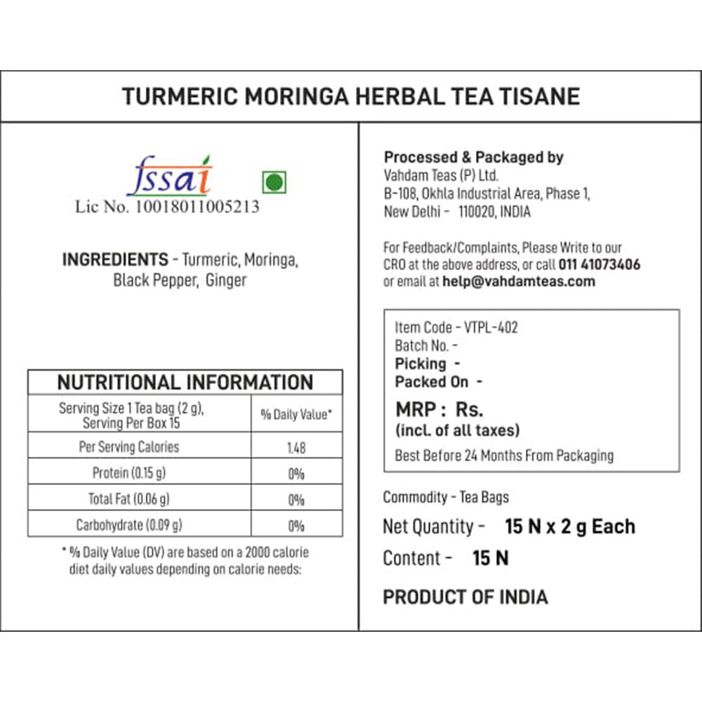 Turmeric Moringa Herbal Tea Tisane - Vahdam - 15Tea Bags