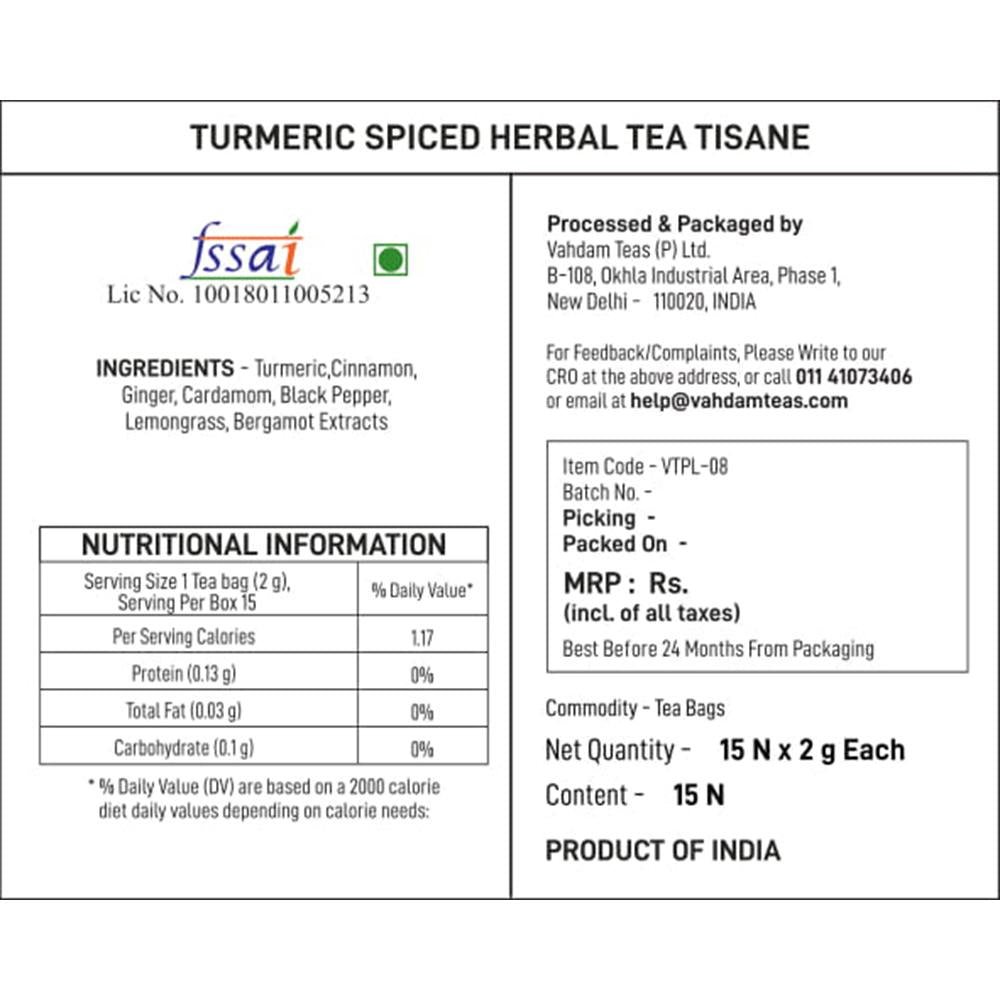 Turmeric Spiced Herbal Tea Tisane - Vahdam - 15Tea Bags